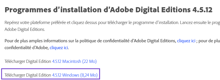 Copie d'écran comprenant un lien pour télécharger ADE sur Macintosh et un lien pour télécharger ADE sur Windows